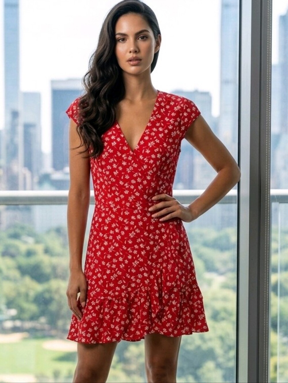 J. Crew Red Floral Faux Wrap Mini Dress V Neck Ruffle Hem Preppy Romantic